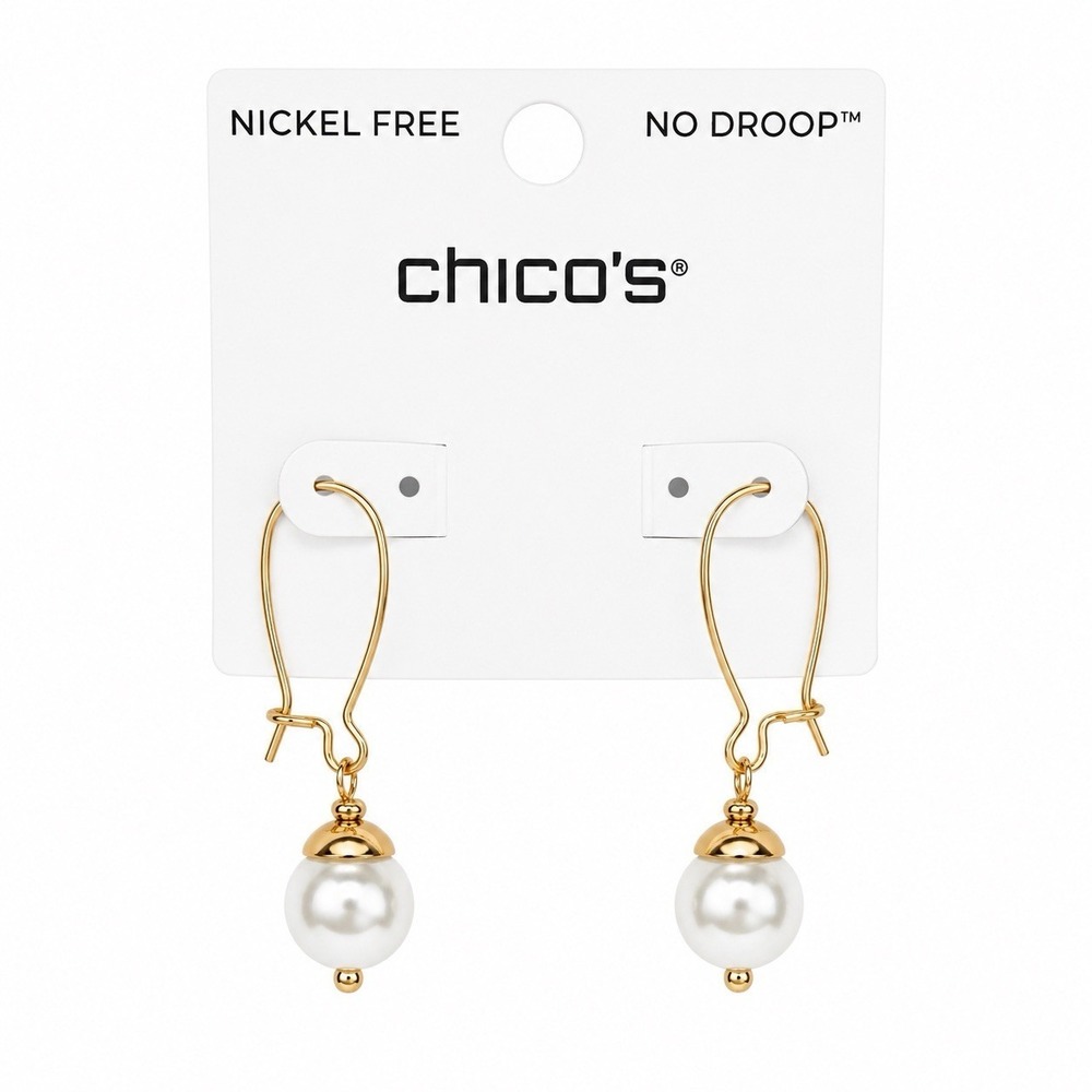NWT Chico's Faux Pearl Drop Earrings Gold Tone Nickel Free No Droop 2" Drop NEW - Picture 4 of 5